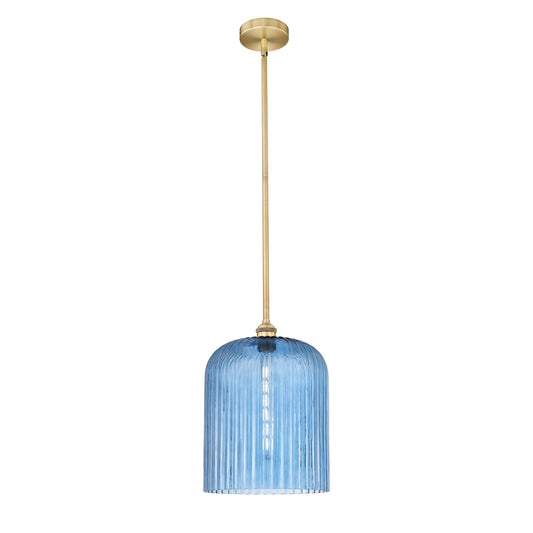 Innovations Bridal Veil 5in 1-Light Mini Pendant | Art Nouveau Brushed Brass and Princess Blue Ribbed Glass | Kitchen Island & | Model 616-1S-BB-G559-12BL
