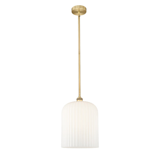 Innovations Bridal Veil 5in 1-Light Mini Pendant | Art Nouveau Brushed Brass and Gloss White Ribbed Glass | Kitchen Island & | Model 616-1S-BB-G559-12GWH