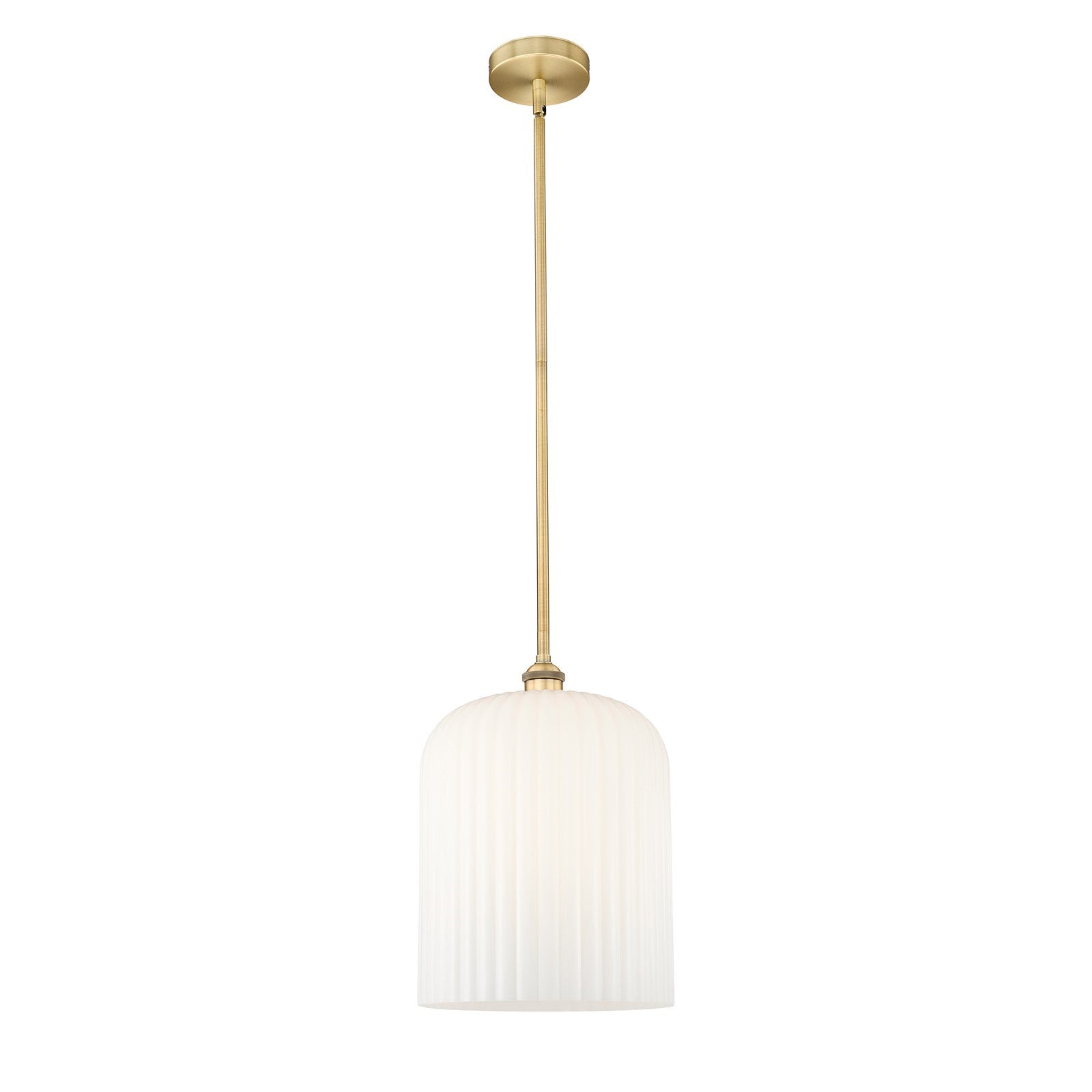 Innovations Bridal Veil 5in 1-Light Mini Pendant | Art Nouveau Brushed Brass and Gloss White Ribbed Glass | Kitchen Island & | Model 616-1S-BB-G559-12GWH