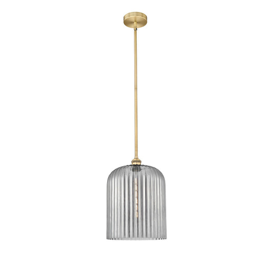 Innovations Bridal Veil 5in 1-Light Mini Pendant | Art Nouveau Brushed Brass and Light Smoke Ribbed Glass | Kitchen Island & | Model 616-1S-BB-G559-12SM