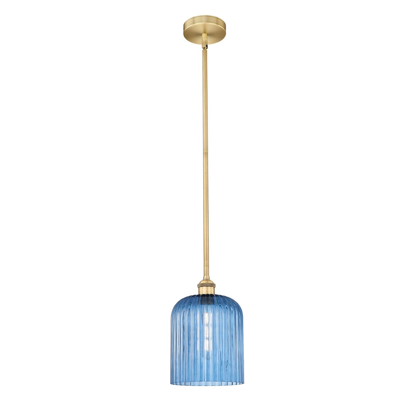 Innovations Bridal Veil 5in 1-Light Mini Pendant | Art Nouveau Brushed Brass and Princess Blue Ribbed Glass | Kitchen Island & | Model 616-1S-BB-G559-8BL