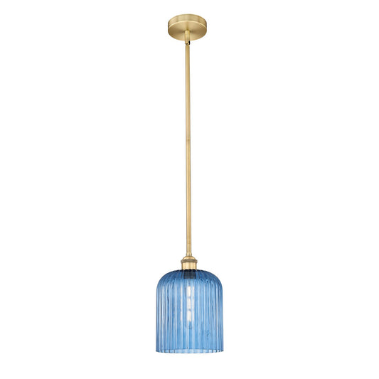 Innovations Bridal Veil 5in 1-Light Mini Pendant | Art Nouveau Brushed Brass and Princess Blue Ribbed Glass | Kitchen Island & | Model 616-1S-BB-G559-8BL