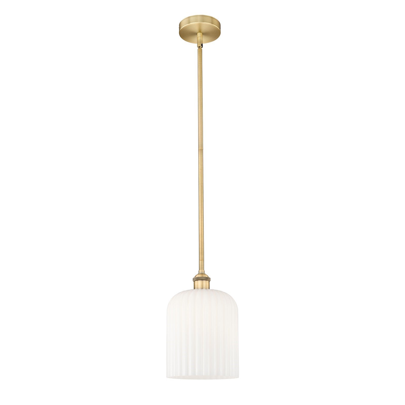 Innovations Bridal Veil 5in 1-Light Mini Pendant | Art Nouveau Brushed Brass Steel and Gloss White Ribbed Glass | Kitchen | Model 616-1S-BB-G559-8GWH