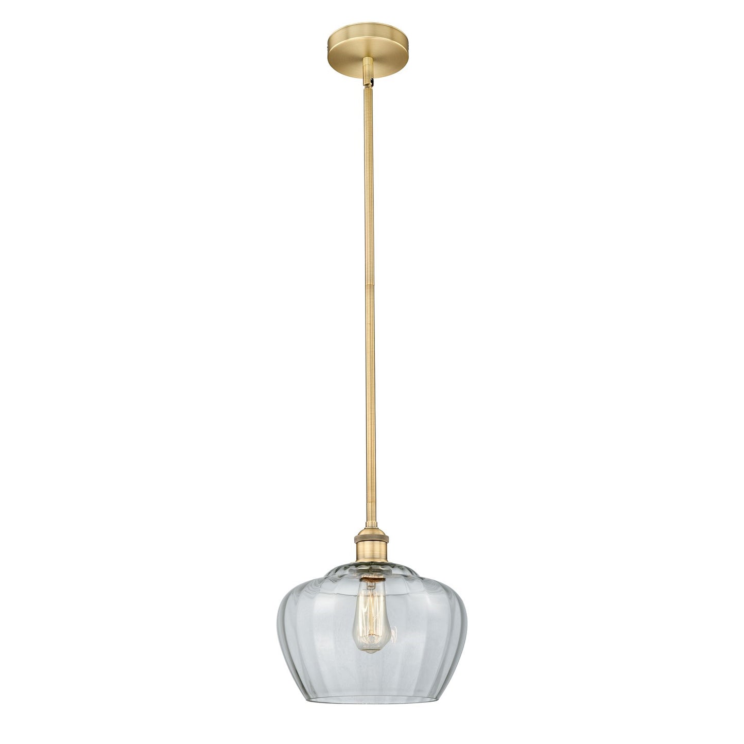 Innovations Fenton 11in 1-Light Mini Pendant | Industrial Brushed Brass Steel and Clear Ribbed Glass | Kitchen Island & Dining | Model 616-1S-BB-G92-L