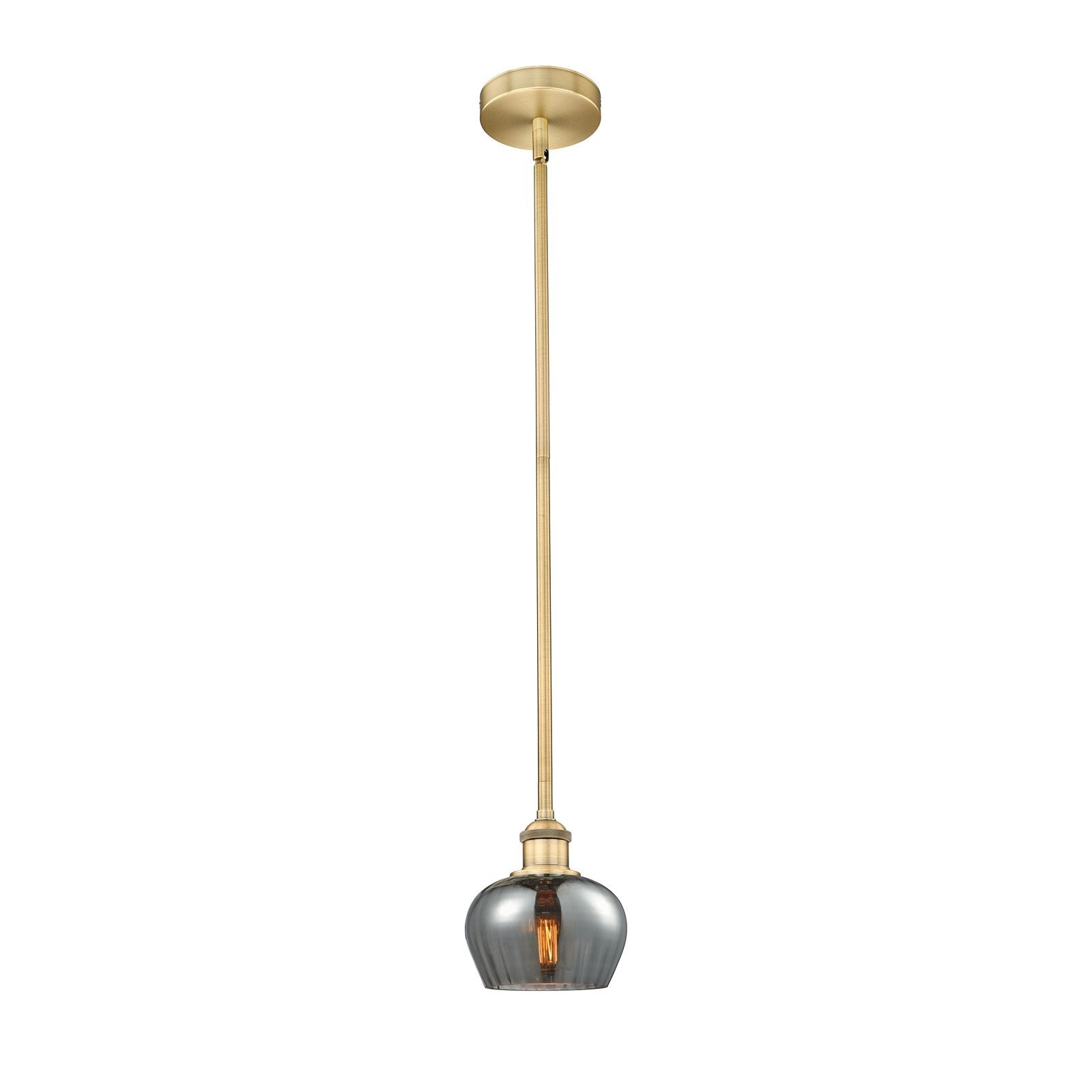 Innovations Fenton 7in 1-Light Mini Pendant | Art Nouveau Brushed Brass and Light Smoke Ribbed Glass | Kitchen Island & Dining Room | Model 616-1S-BB-G93