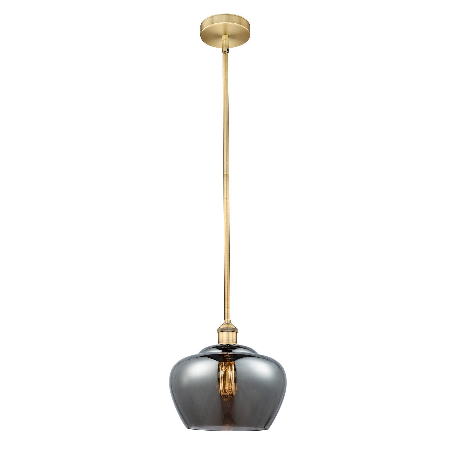 Innovations Fenton 11in 1-Light Mini Pendant | Industrial Brushed Brass and Light Smoke Ribbed Glass | Kitchen Island & Dining | Model 616-1S-BB-G93-L-LED