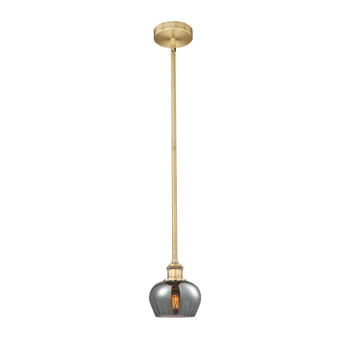 Innovations Fenton 6.5in 1-Light Mini Pendant | Industrial Brushed Brass and Light Smoke Ribbed Glass | Kitchen Island & Dining | Model 616-1S-BB-G93-LED