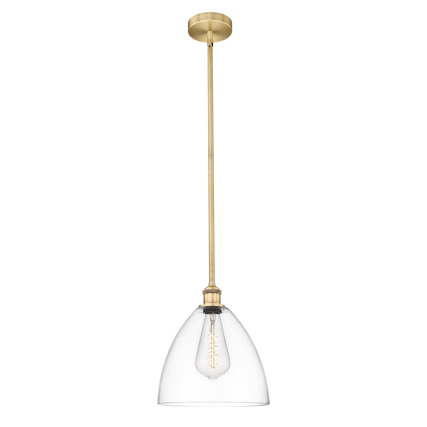 Innovations Bristol 12in 1-Light Mini Pendant | Industrial Brushed Brass Steel and Clear Glass | Kitchen Island & Dining | Model 616-1S-BB-GBD-122-LED