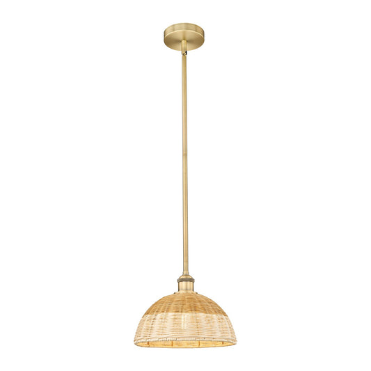 Innovations Bristol Natural II 12in 1-Light Mini Pendant | Industrial Brushed Brass and Natural Fiber Dome Shade | Kitchen | Model 616-1S-BB-NBD2-12-NAT