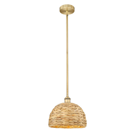 Innovations Woven Rattan 12in 1-Light Mini Pendant | Industrial Brushed Brass and Natural Fiber Dome Shade | Kitchen Island & | Model 616-1S-BB-RBD-12-NAT