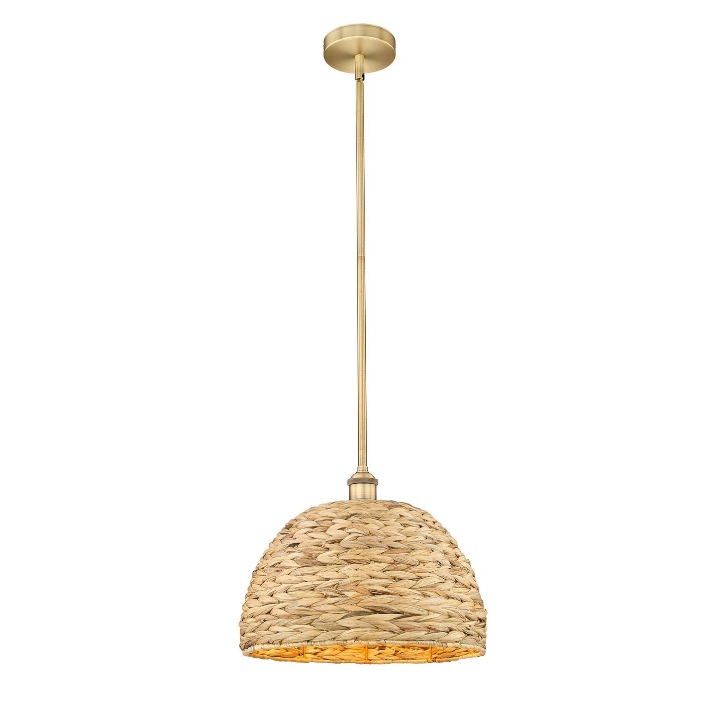 Innovations Woven Rattan 16in 1-Light Mini Pendant | Industrial Brushed Brass Steel and Natural Fiber Dome Shade | Kitchen | Model 616-1S-BB-RBD-16-NAT