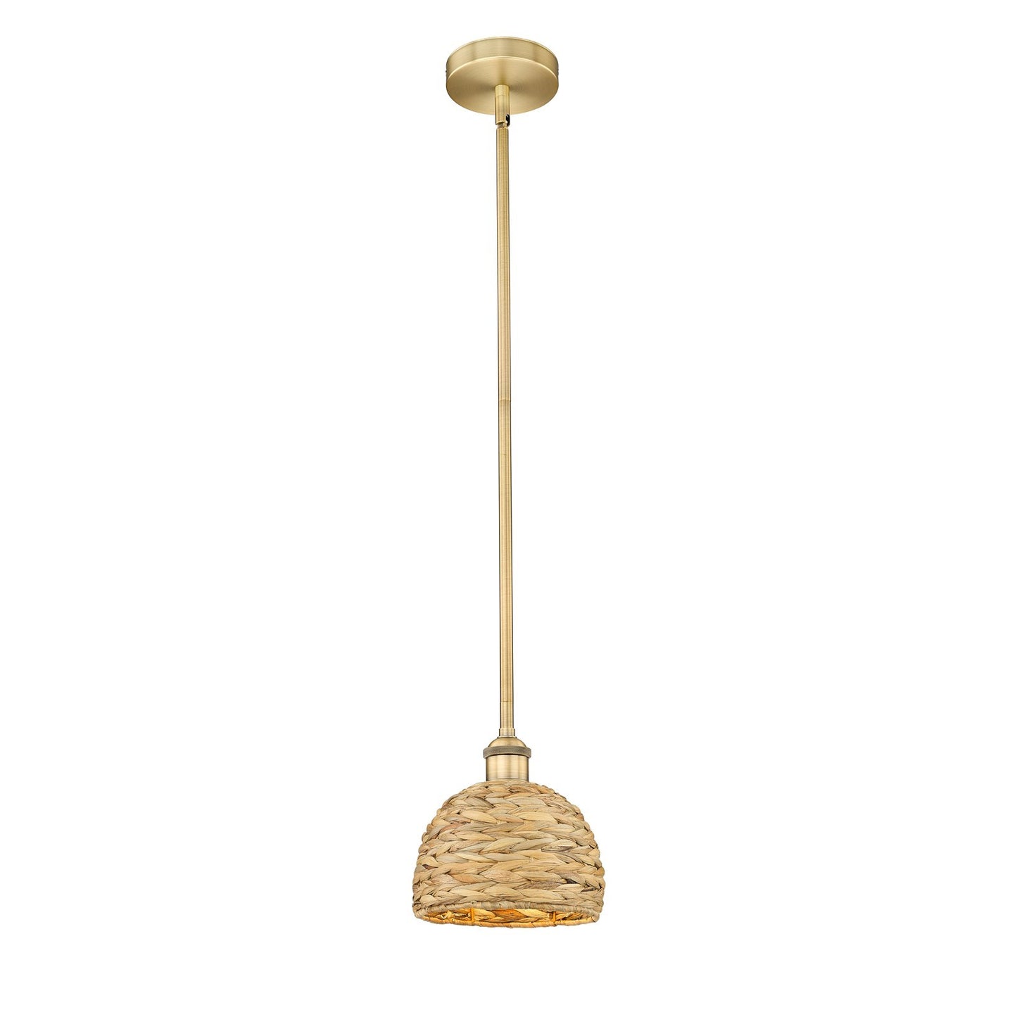 Innovations Woven Rattan 8in 1-Light Mini Pendant | Rustic Brushed Brass and Natural Woven Rattan | Kitchen Island & Dining | Model 616-1S-BB-RBD-8-NAT