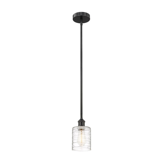Innovations Cobbleskill 5in 1-Light Mini Pendant | Industrial Matte Black Steel and Deco Swirl Clear Glass | Kitchen Island & | Model 616-1S-BK-G1113