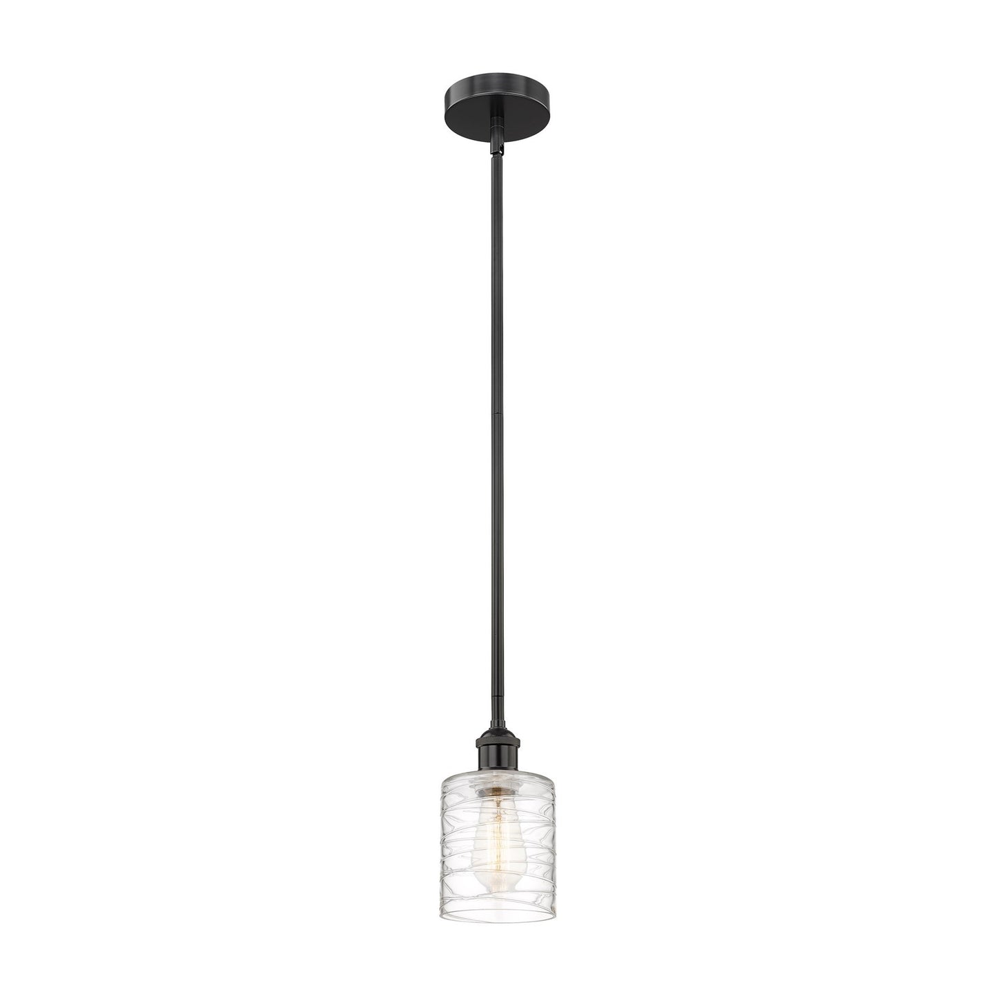 Innovations Cobbleskill 5in 1-Light Mini Pendant | Industrial Matte Black Steel and Deco Swirl Clear Glass | Kitchen Island & | Model 616-1S-BK-G1113