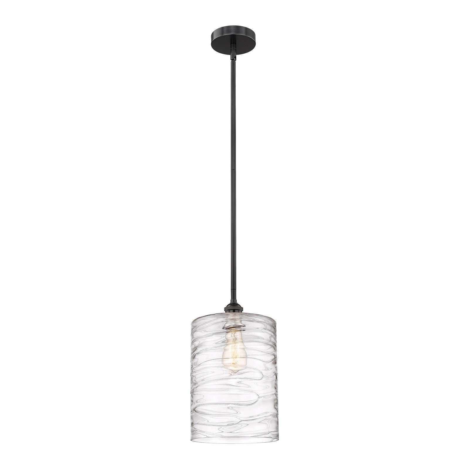 Innovations Cobbleskill 9in 1-Light Mini Pendant | Industrial Matte Black Steel and Deco Swirl Clear Glass | Kitchen Island & | Model 616-1S-BK-G1113-L