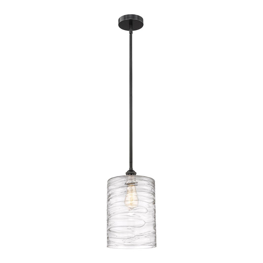 Innovations Cobbleskill 9in 1-Light Mini Pendant | Industrial Matte Black Steel and Deco Swirl Clear Glass | Kitchen Island & | Model 616-1S-BK-G1113-L