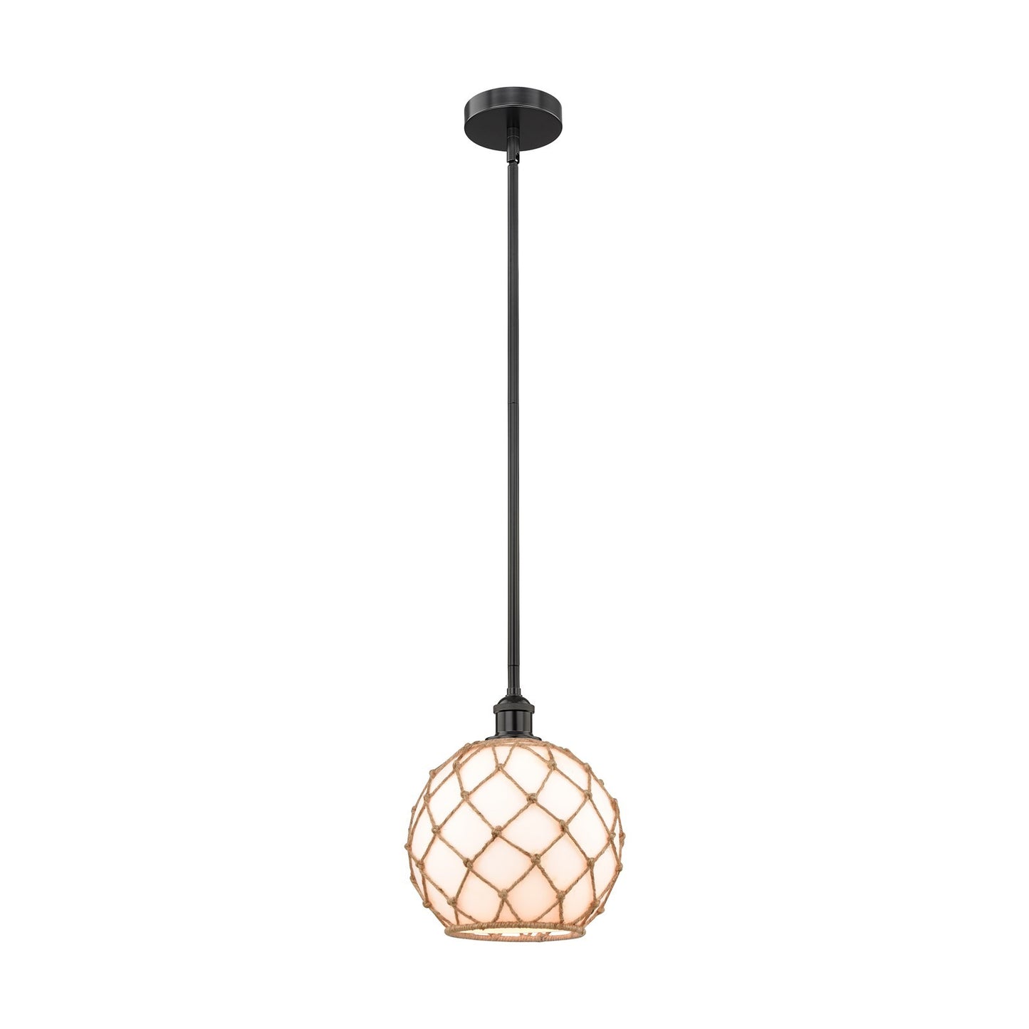 Innovations Farmhouse Rope 10in 1-Light Mini Pendant | Industrial Matte Black Steel and White Glass with Brown Rope | Kitchen | Model 616-1S-BK-G121-10RB
