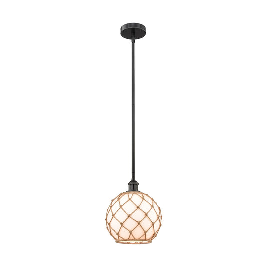 Innovations Farmhouse Rope 10in 1-Light Mini Pendant | Industrial Matte Black Steel and White Glass with Brown Rope | Kitchen | Model 616-1S-BK-G121-10RB