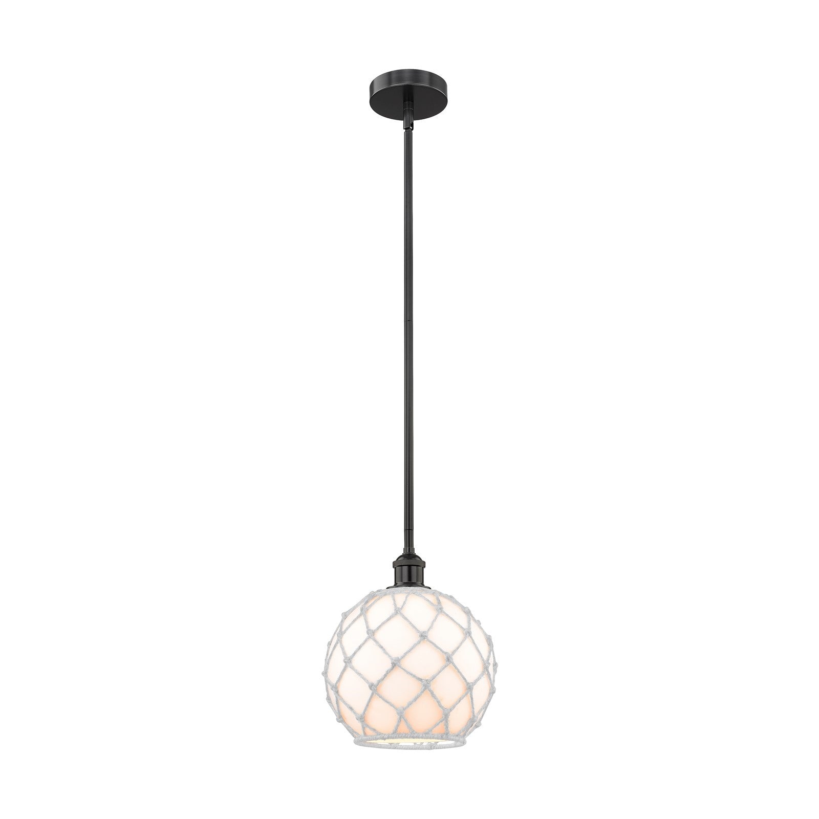 Innovations Farmhouse Rope 10in 1-Light Mini Pendant | Industrial Matte Black Steel and White Glass with Rope Shade | Kitchen | Model 616-1S-BK-G121-10RW