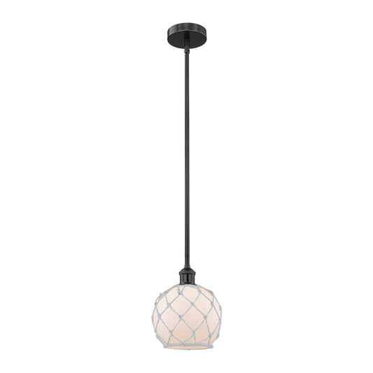 Innovations Farmhouse Rope 8in 1-Light Mini Pendant | Industrial Matte Black Steel and White Frosted Glass with Rope | Kitchen | Model 616-1S-BK-G121-8RW