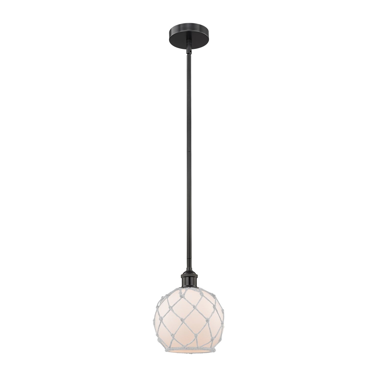 Innovations Farmhouse Rope 8in 1-Light Mini Pendant | Industrial Matte Black Steel and White Frosted Glass with Rope Shade | Model 616-1S-BK-G121-8RW-LED
