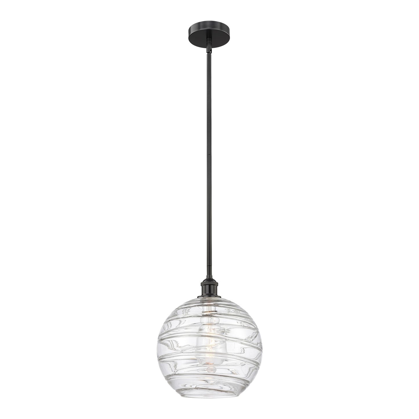 Innovations Athens Deco Swirl 12in 1-Light Mini Pendant | Industrial Matte Black Steel and Clear Deco Swirl Glass | Kitchen | Model 616-1S-BK-G1213-12CL