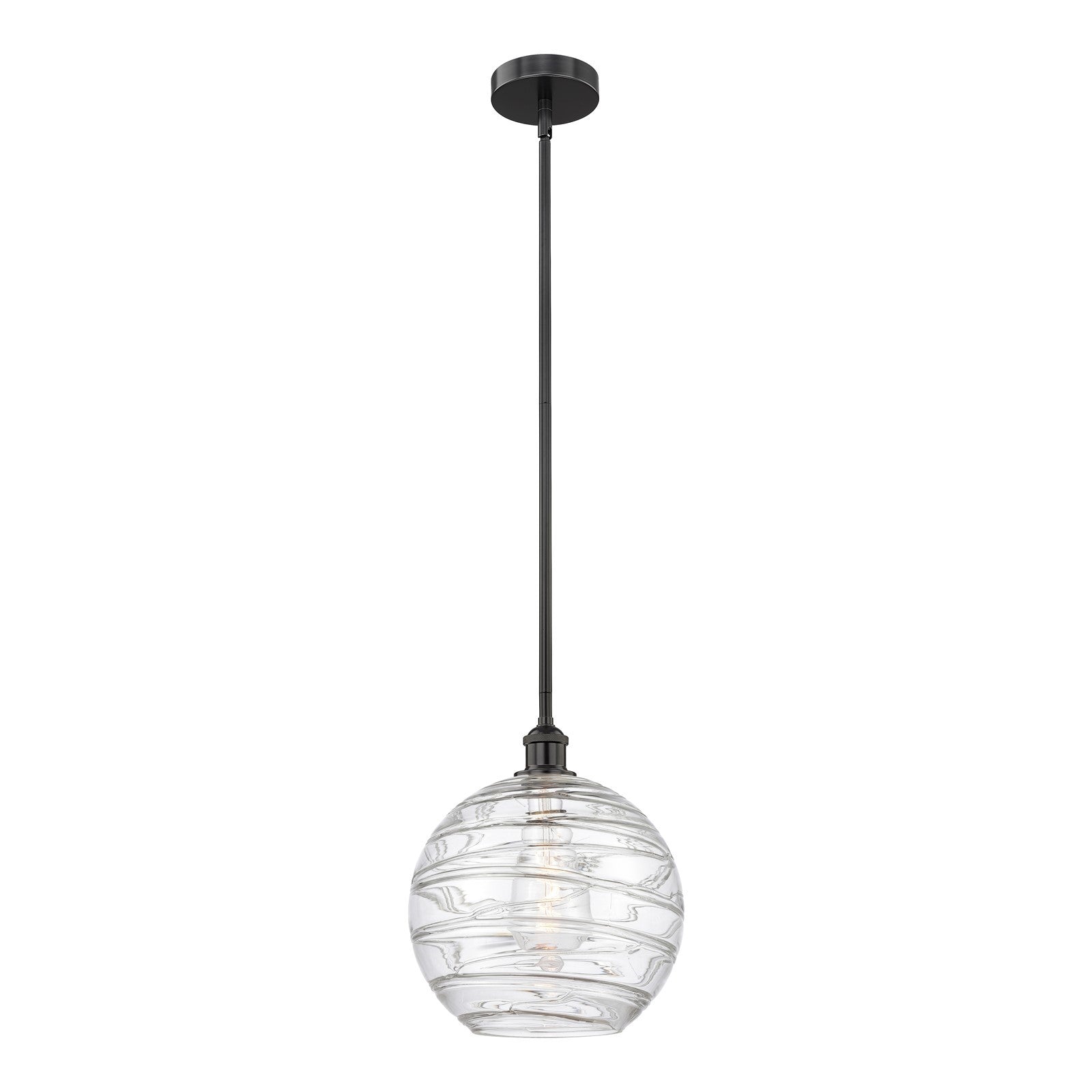 Innovations Athens Deco Swirl 12in 1-Light Mini Pendant | Industrial Matte Black Steel and Clear Deco Swirl Glass | Kitchen | Model 616-1S-BK-G1213-12CL