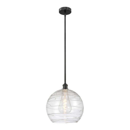 Innovations Athens Deco Swirl 14in 1-Light Mini Pendant | Industrial Matte Black Steel and Clear Deco Swirl Glass | Kitchen | Model 616-1S-BK-G1213-14CL