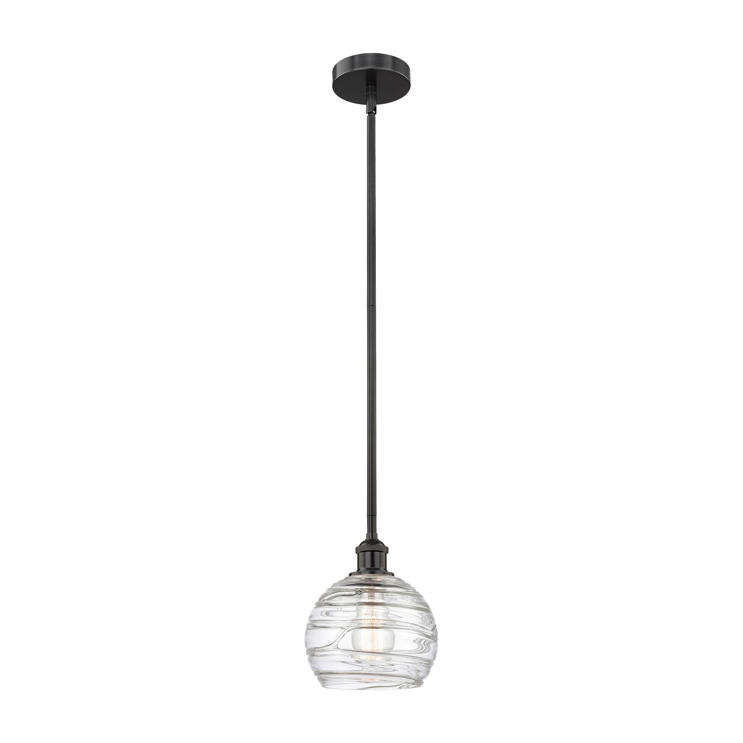 Innovations Athens Deco Swirl 8in 1-Light Mini Pendant | Industrial Matte Black Steel and Clear Deco Swirl Glass | Kitchen | Model 616-1S-BK-G1213-8CL