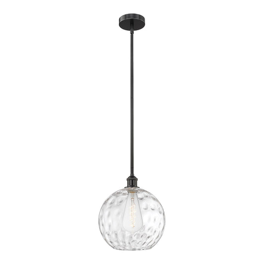 Innovations Athens Water Glass 12in 1-Light Mini Pendant | Industrial Matte Black Steel and Clear Glass | Kitchen Island & | Model 616-1S-BK-G1215-12