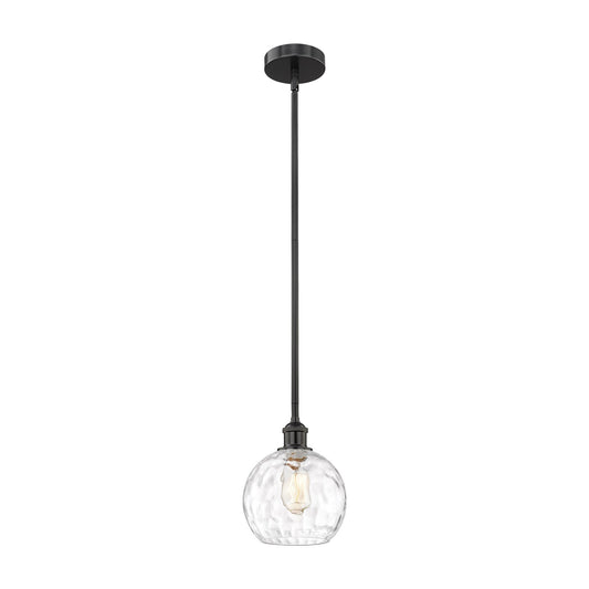 Innovations Athens Water Glass 8in 1-Light Mini Pendant | Industrial Matte Black Steel and Clear Water Glass | Kitchen | Model 616-1S-BK-G1215-8-LED