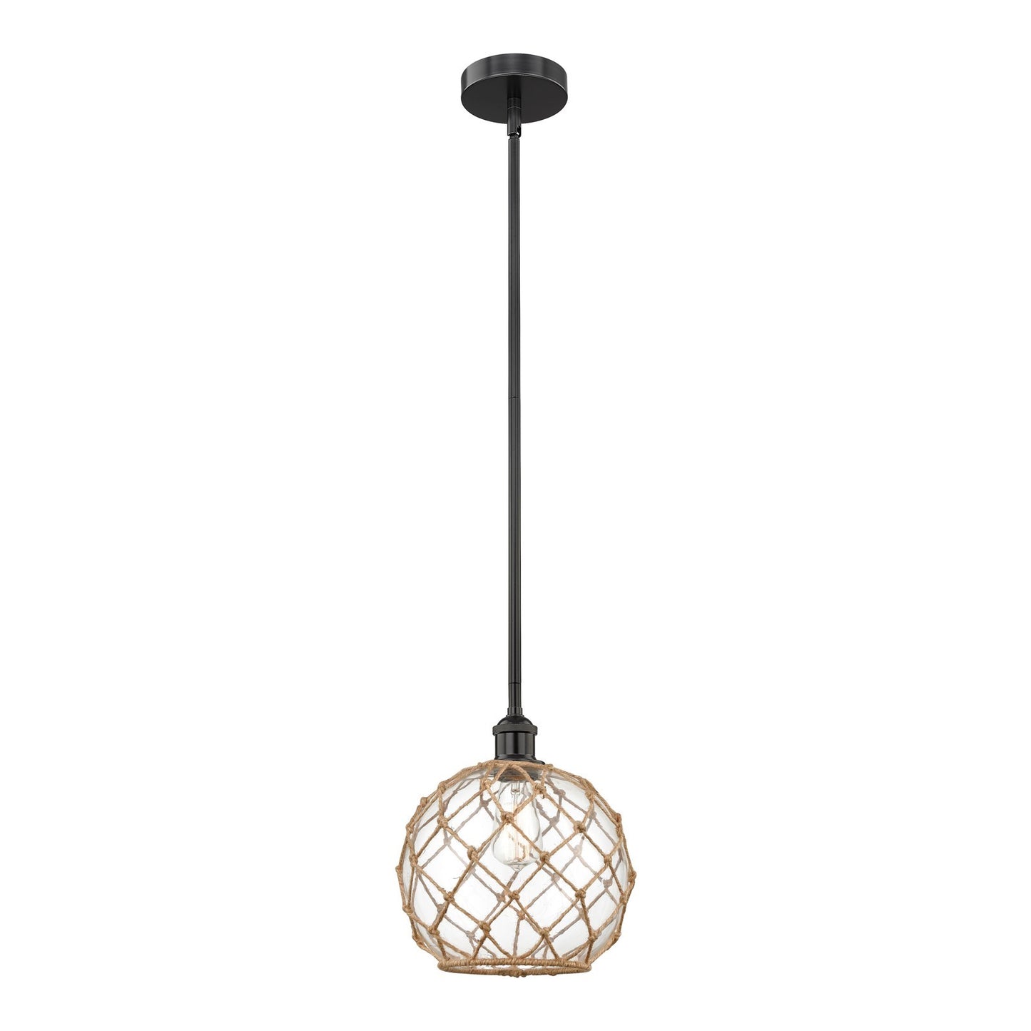 Innovations Farmhouse Rope 10in 1-Light Mini Pendant | Industrial Matte Black Steel and Clear Glass with Brown Rope | Kitchen | Model 616-1S-BK-G122-10RB