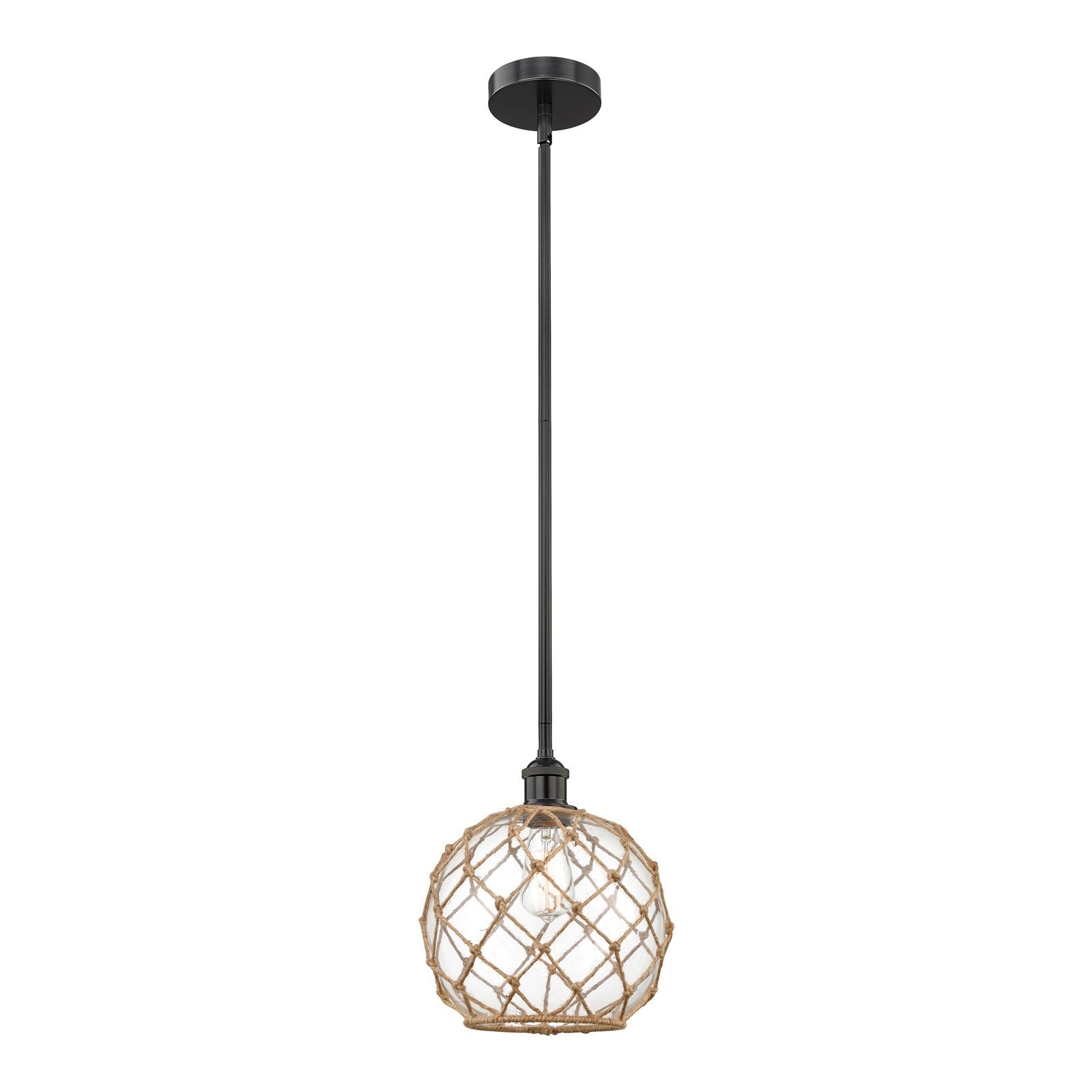 Innovations Farmhouse Rope 10in 1-Light Mini Pendant | Industrial Matte Black Steel and Clear Glass with Brown Rope | Model 616-1S-BK-G122-10RB-LED