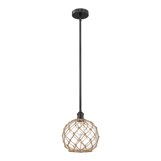 Innovations Farmhouse Rope 10in 1-Light Mini Pendant | Industrial Matte Black Steel and Clear Glass with Brown Rope | Model 616-1S-BK-G122-10RB-LED