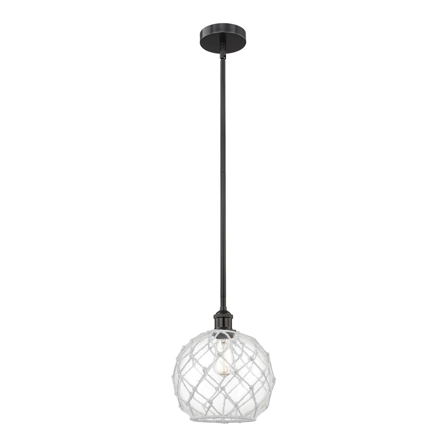 Innovations Farmhouse Rope 10in 1-Light Mini Pendant | Industrial Matte Black Steel and Clear Glass with White Rope | Kitchen | Model 616-1S-BK-G122-10RW