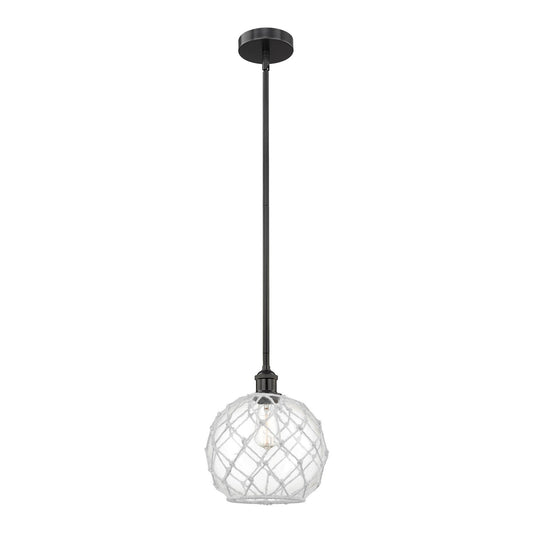 Innovations Farmhouse Rope 10in 1-Light Mini Pendant | Industrial Matte Black Steel and Clear Glass with White Rope | Kitchen | Model 616-1S-BK-G122-10RW