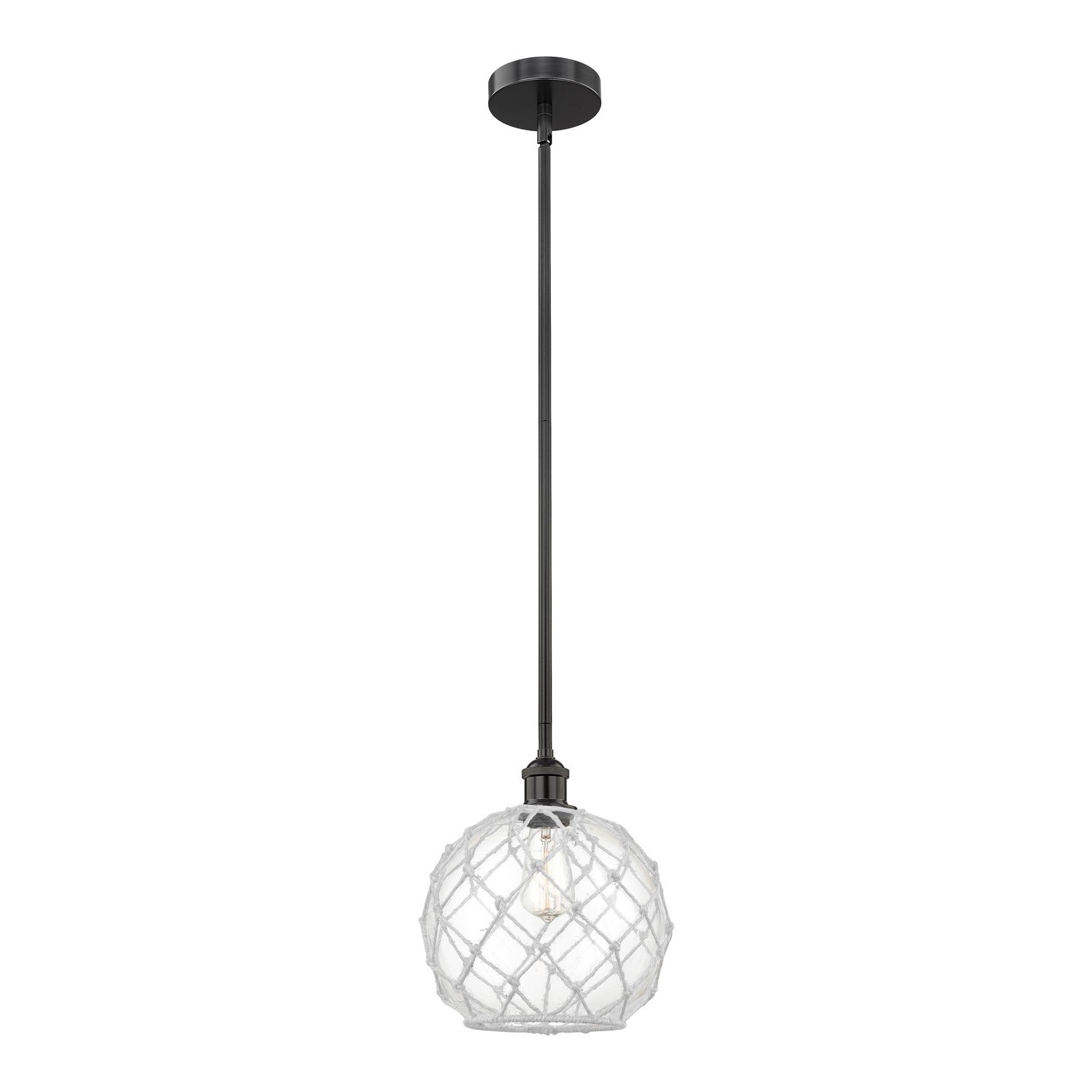 Innovations Farmhouse Rope 10in 1-Light Mini Pendant | Industrial Matte Black Steel and Clear Glass with White Rope | Kitchen | Model 616-1S-BK-G122-10RW