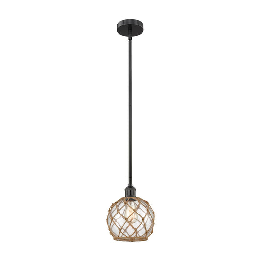 Innovations Farmhouse Rope 8in 1-Light Mini Pendant | Industrial Matte Black Steel and Clear Glass with Brown Rope | Kitchen | Model 616-1S-BK-G122-8RB