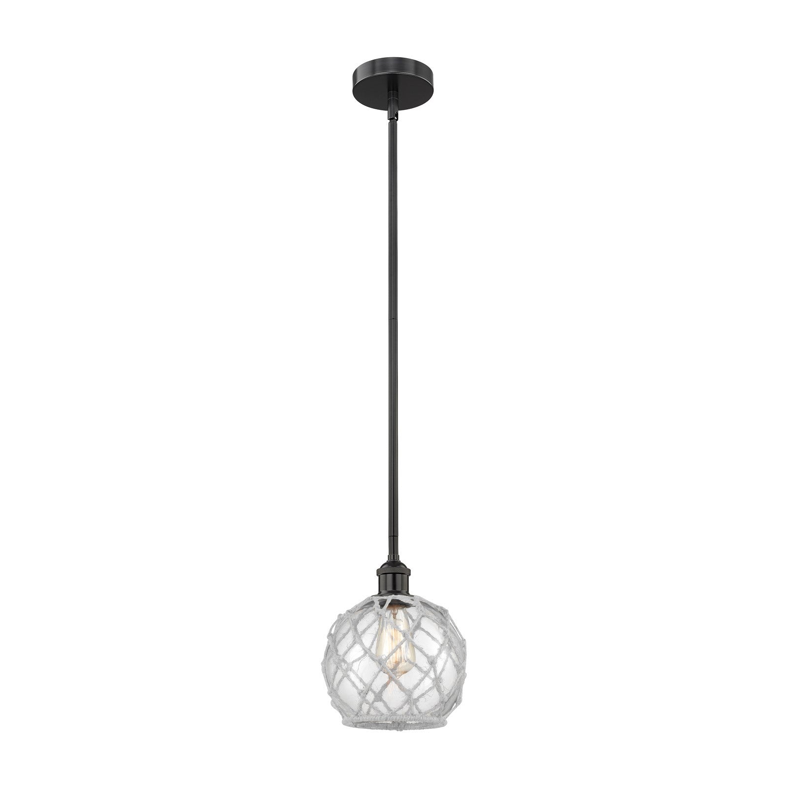 Innovations Farmhouse Rope 8in 1-Light Mini Pendant | Industrial Matte Black Steel and Clear Glass with White Rope | Model 616-1S-BK-G122-8RW-LED