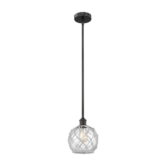 Innovations Farmhouse Rope 8in 1-Light Mini Pendant | Industrial Matte Black Steel and Clear Glass with White Rope | Model 616-1S-BK-G122-8RW-LED