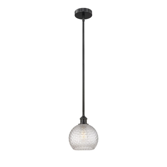 Innovations Athens 8in 1-Light Mini Pendant | Modern Farmhouse Matte Black Steel and Clear Basket Weave Glass | Kitchen Island | Model 616-1S-BK-G122C-8CL