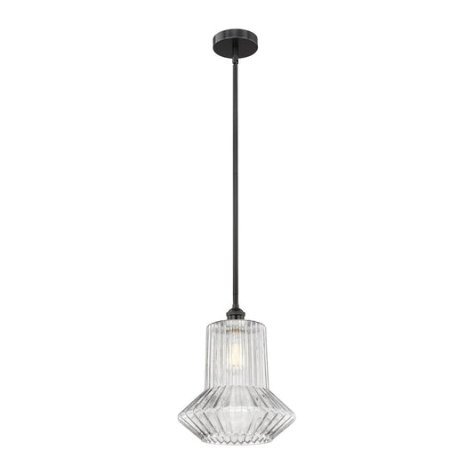 Innovations Springwater 12in 1-Light Mini Pendant | Industrial Matte Black Steel and Clear Fluted Glass | Kitchen Island & | Model 616-1S-BK-G212-LED