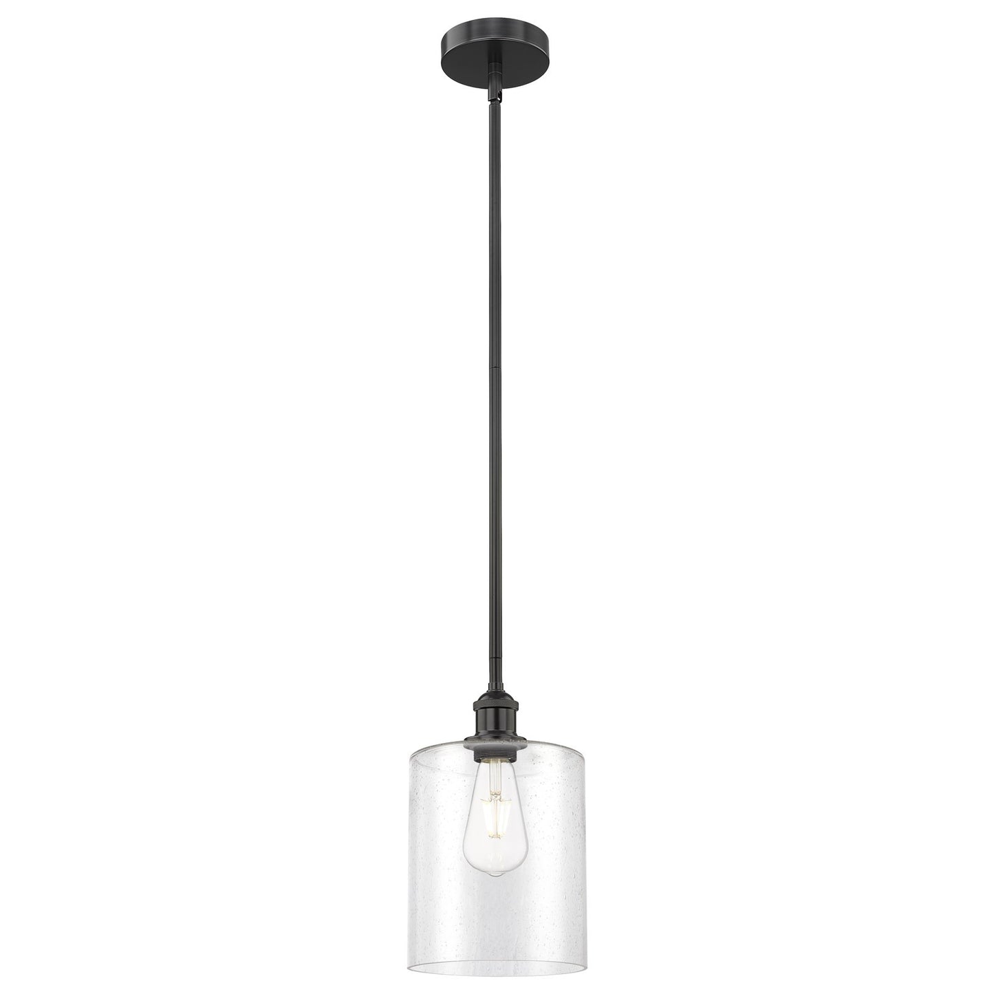 Innovations Paladin 7in 1-Light Mini Pendant | Farmhouse Matte Black Steel and Seedy Glass Cylinder | Kitchen Island & Dining | Model 616-1S-BK-G4424-7
