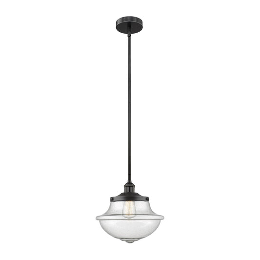 Innovations Oxford 12in 1-Light Mini Pendant | Industrial Matte Black Steel and Seedy Glass | Kitchen Island & Dining Room | 11.75 | Model 616-1S-BK-G544
