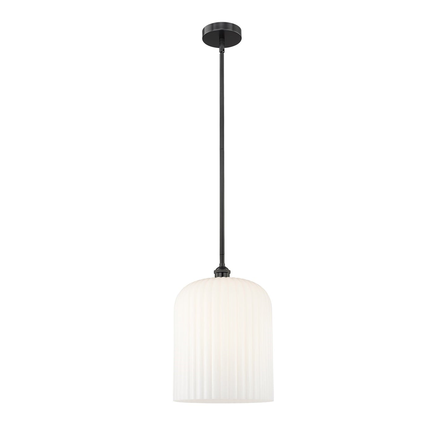 Innovations Bridal Veil 5in 1-Light Mini Pendant | Industrial Matte Black Steel and Gloss White Ribbed Glass | Kitchen Island | Model 616-1S-BK-G559-12GWH