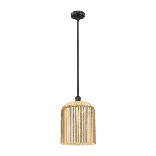 Innovations Bridal Veil 5in 1-Light Mini Pendant | Industrial Matte Black Steel and Mercury Ribbed Glass | Kitchen Island & | Model 616-1S-BK-G559-12ME