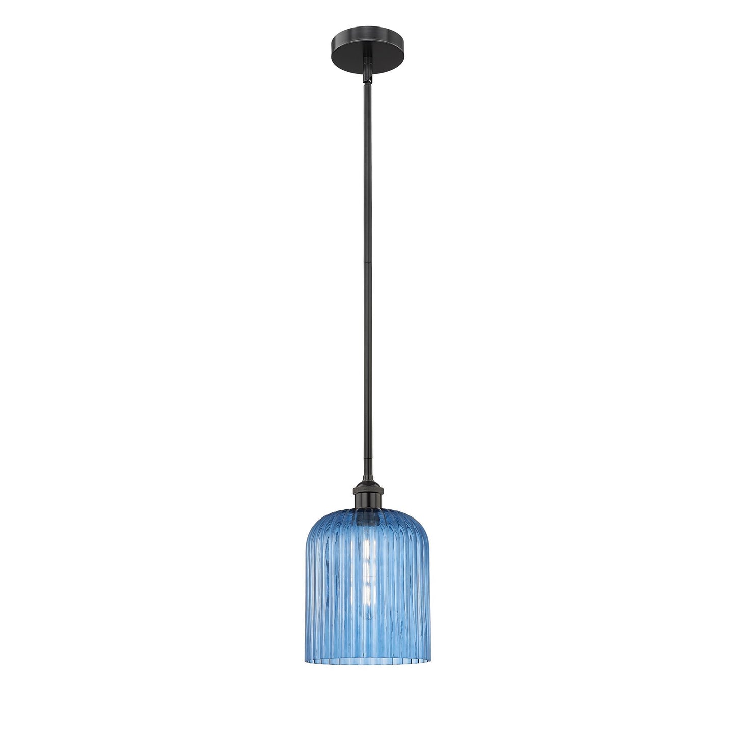 Innovations Bridal Veil 5in 1-Light Mini Pendant | Industrial Matte Black Steel and Princess Blue Ribbed Glass | Kitchen Island | Model 616-1S-BK-G559-8BL