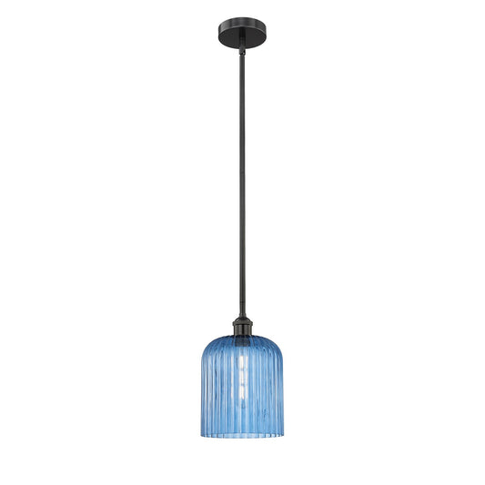 Innovations Bridal Veil 5in 1-Light Mini Pendant | Industrial Matte Black Steel and Princess Blue Ribbed Glass | Kitchen Island | Model 616-1S-BK-G559-8BL