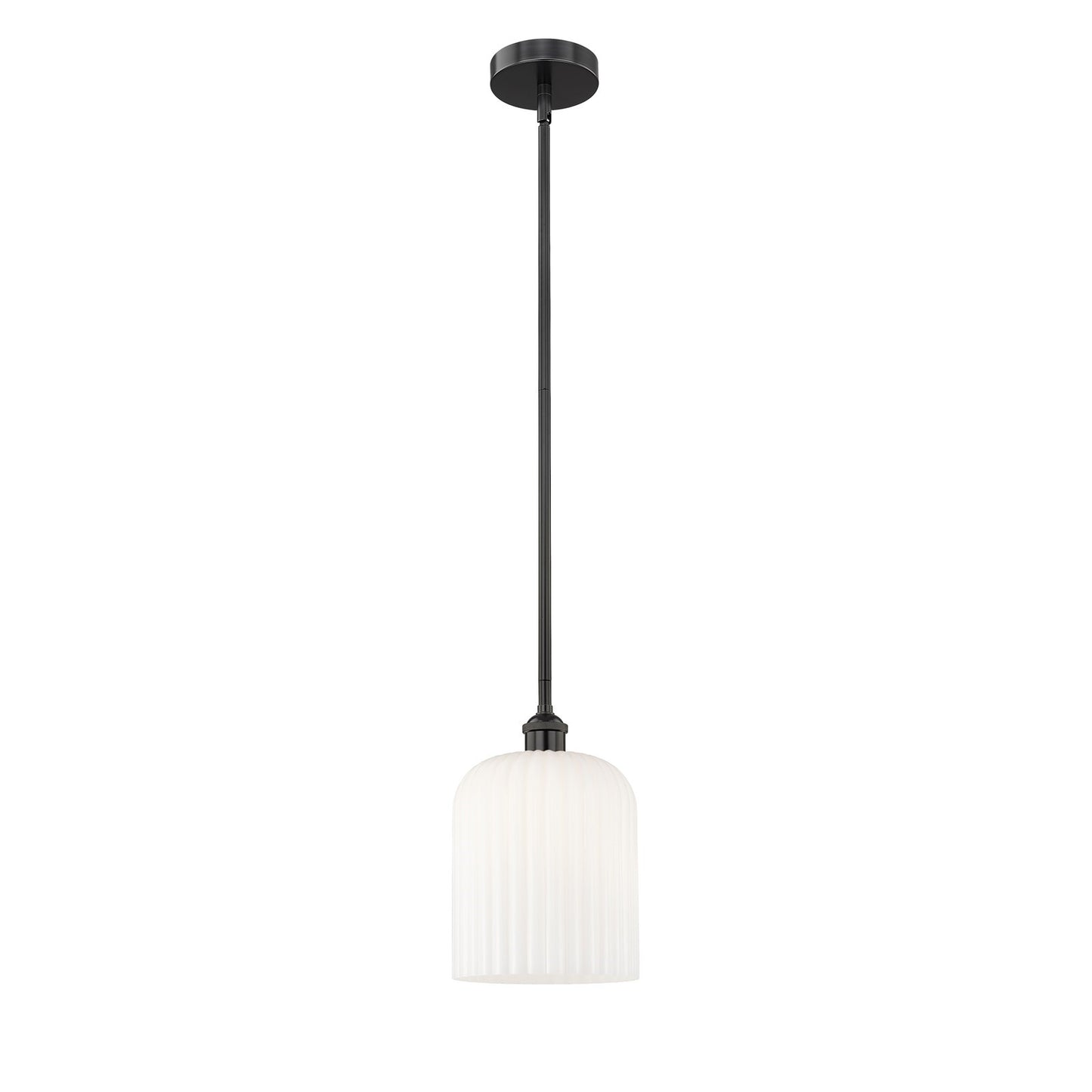 Innovations Bridal Veil 5in 1-Light Mini Pendant | Industrial Matte Black Steel and Gloss White Ribbed Glass | Kitchen Island | Model 616-1S-BK-G559-8GWH
