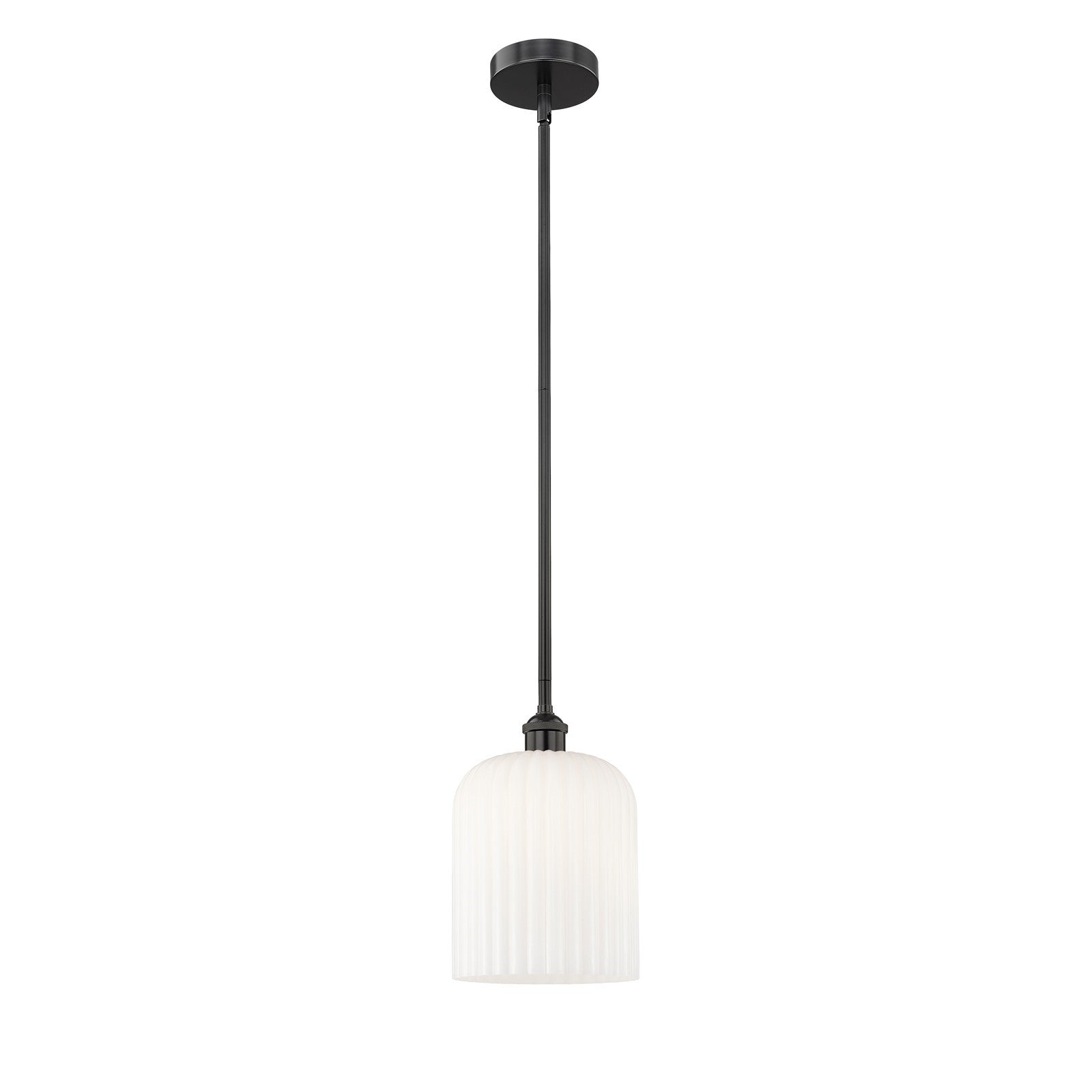 Innovations Bridal Veil 5in 1-Light Mini Pendant | Industrial Matte Black Steel and Gloss White Ribbed Glass | Kitchen Island | Model 616-1S-BK-G559-8GWH